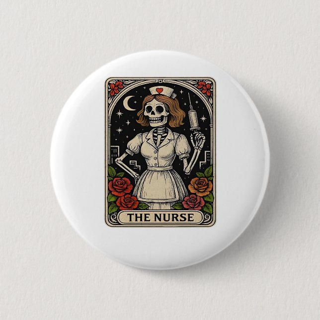 Funny Nurse Skeleton Tarot Card Halloween Nurse Button (Vorderseite)