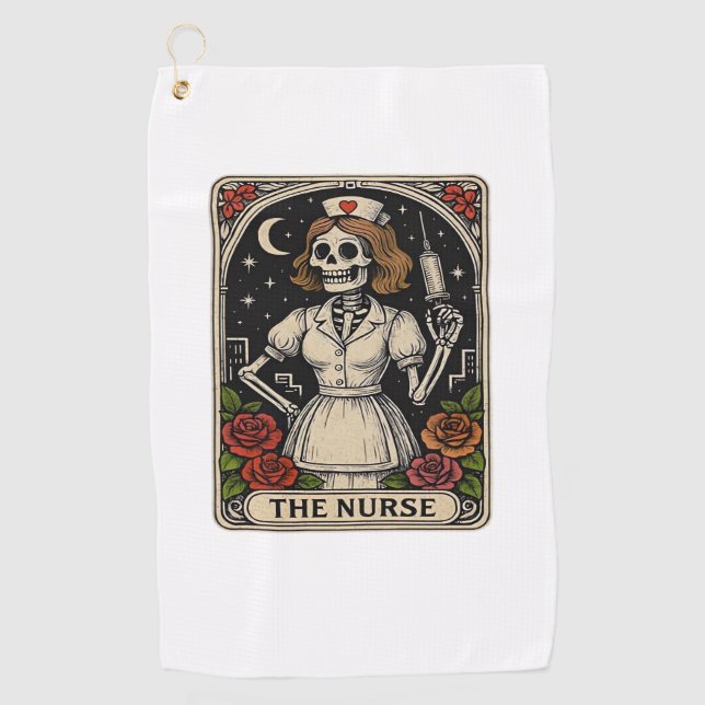 Funny Nurse Skeleton Tarot Card Halloween Nurse Golfhandtuch (Vorderseite)