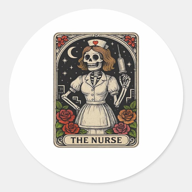 Funny Nurse Skeleton Tarot Card Halloween Nurse Runder Aufkleber (Vorderseite)