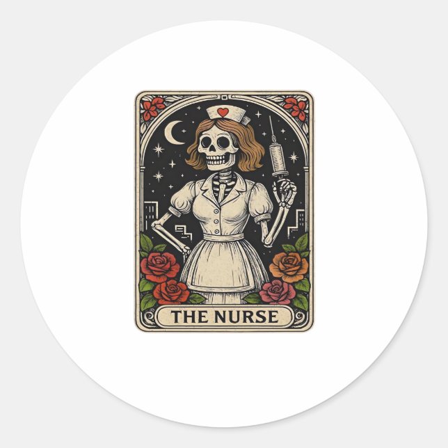 Funny Nurse Skeleton Tarot Card Halloween Nurse Runder Aufkleber (Vorderseite)