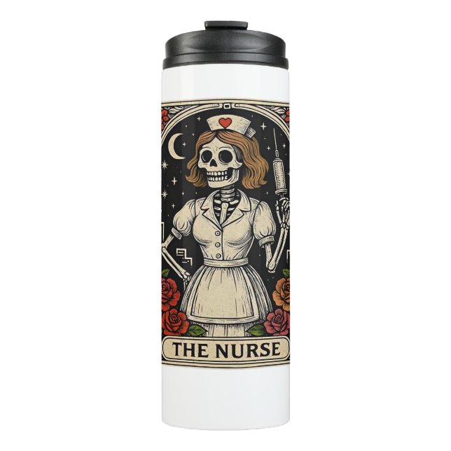 Funny Nurse Skeleton Tarot Card Halloween Nurse Thermosbecher (Vorderseite)