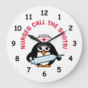 Funny nursing wall clock with cute penguin nurse große wanduhr