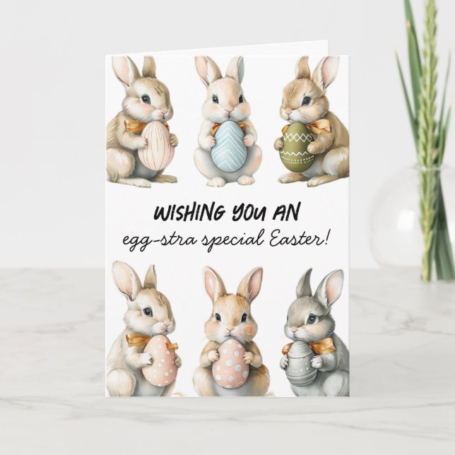 Funny Oaster Bunnies mit farbenfrohen Eiern Karte (Vorderseite)