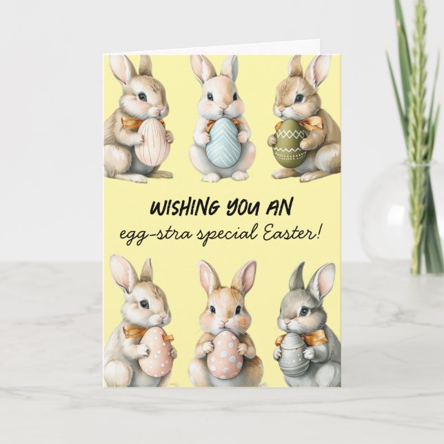 Funny Oaster Bunnies mit farbenfrohen Eiern Karte (Vorderseite)