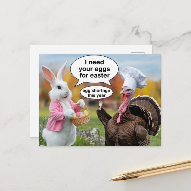 Funny Oaster Bunny Frage Erntedank Türkei Eier Postkarte (Vorderseite/Rückseite Beispiel)