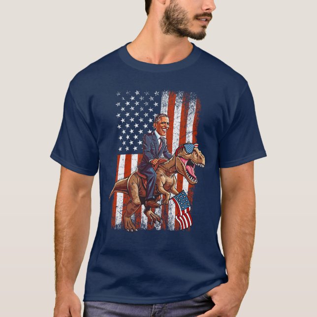 Funny Obama Riding TRex Patriotic and Sarcastic US T-Shirt (Vorderseite)