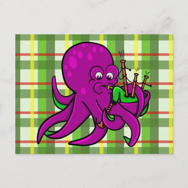 Funny Octopus Illustration Cartoon Bagpipe Postkarte (Vorderseite)