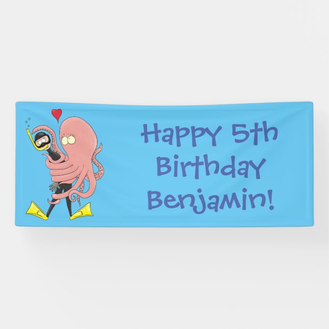 Funny octopus umarmt Taucher Cartoon Spaß Banner (Horizontal)