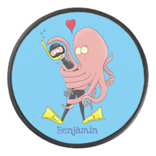 Funny octopus umarmt Taucher Cartoon Spaß Eishockey Puck