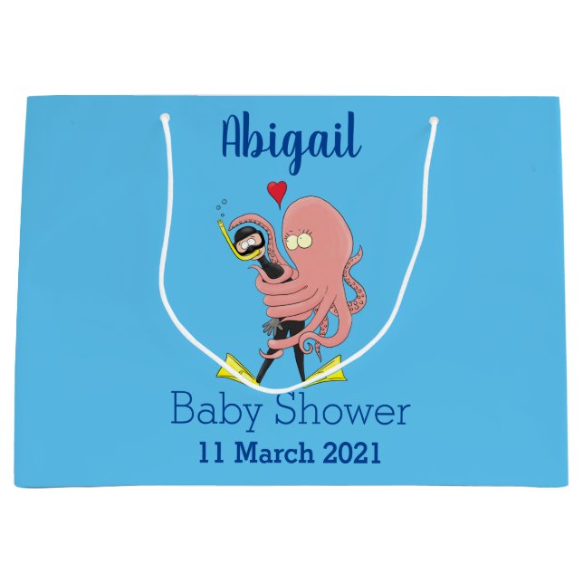 Funny octopus umarmt Taucher Cartoon Spaß Große Geschenktüte (Vorderseite)