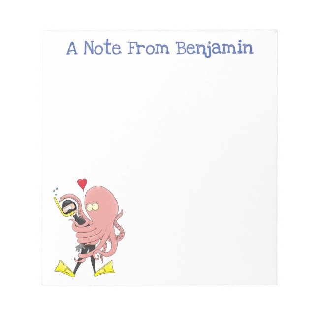 Funny octopus umarmt Taucher Cartoon Spaß  Notizblock (Vorderseite)