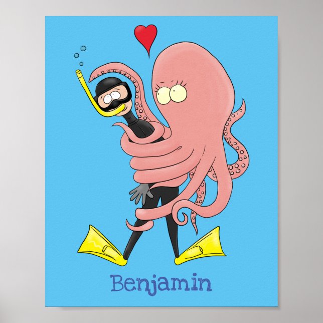 Funny octopus umarmt Taucher Cartoon Spaß Poster (Vorne)