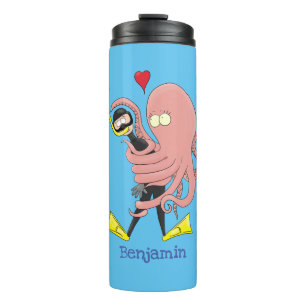 Funny octopus umarmt Taucher Cartoon Spaß Thermosbecher