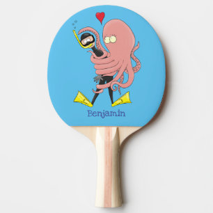 Funny octopus umarmt Taucher Cartoon Spaß Tischtennis Schläger