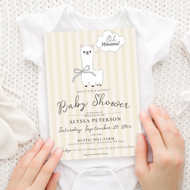 Funny Oh Mmama Llama Cute Beige Baby Shower Einladung (Modern funny Oh Mmama saying cute Llama bows gender neutral baby girl or boy baby shower invitation)