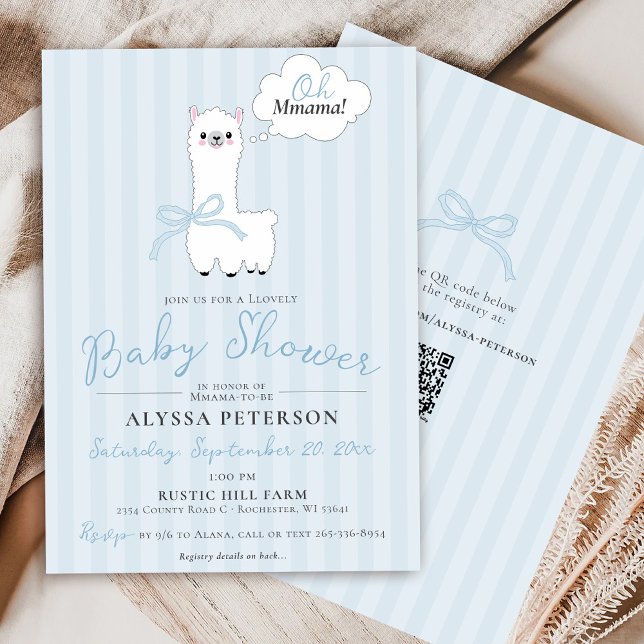 Funny Oh Mmama Llama Cute Blue Baby Boy Shower Einladung (Cute Oh Mmama Llama funny farm animal blue bow stripes baby boy QR code modern shower invitation )