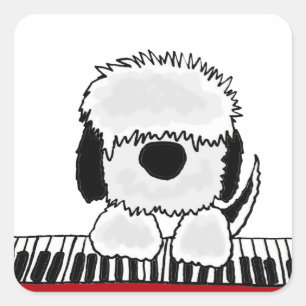Funny Old English Sheepdog spielt Keyboard Quadratischer Aufkleber