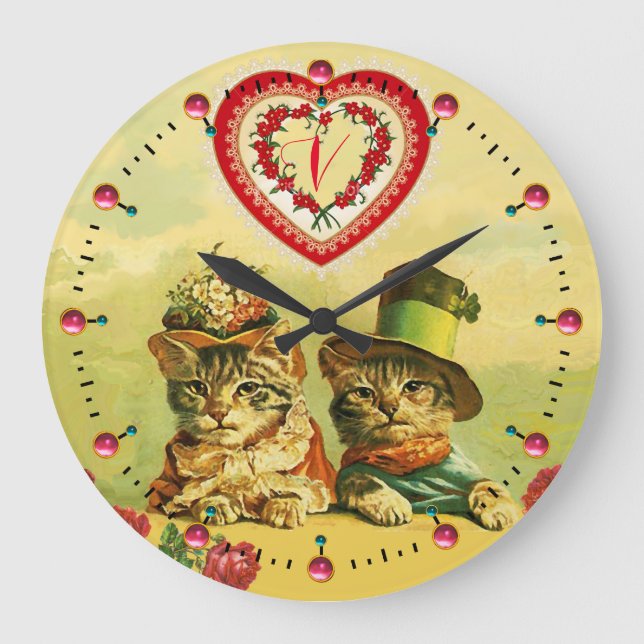 FUNNY OLD FASHION VALENTINES DAY CATS,Hearts,Roses Große Wanduhr (Vorderseite)