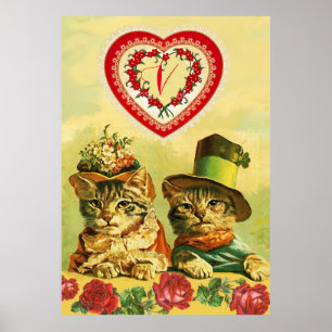 FUNNY OLD FASHION VALENTINSTAG CATS, Hearts, Rose Poster