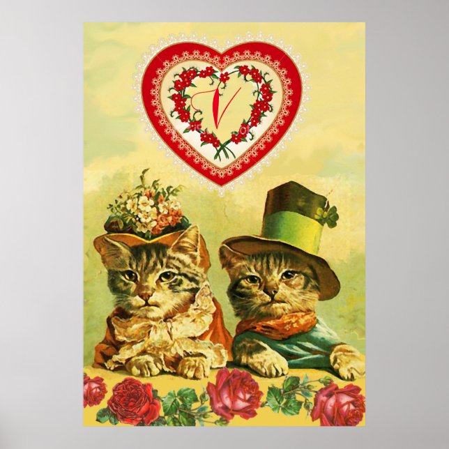 FUNNY OLD FASHION VALENTINSTAG CATS, Hearts, Rose Poster (Vorne)