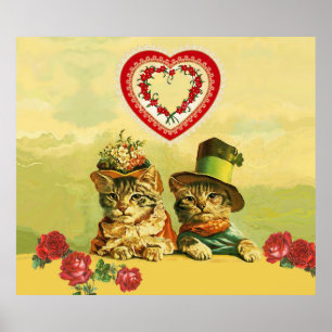 FUNNY OLD FASHION VALENTINSTAG CATS, Hearts, Rose Poster