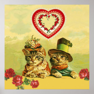 FUNNY OLD FASHION VALENTINSTAG CATS, Hearts, Rose Poster