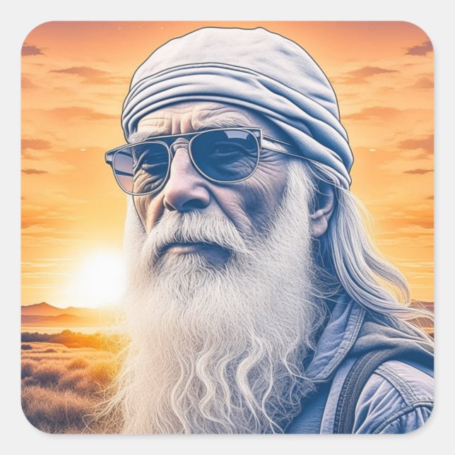 Funny Old Hippie, Biker Typ, Backpacker Quadratischer Aufkleber (Vorderseite)