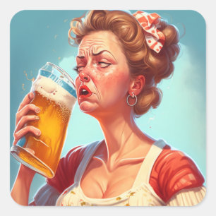 Funny Old Lady trinken ein Bier Quadratischer Aufkleber