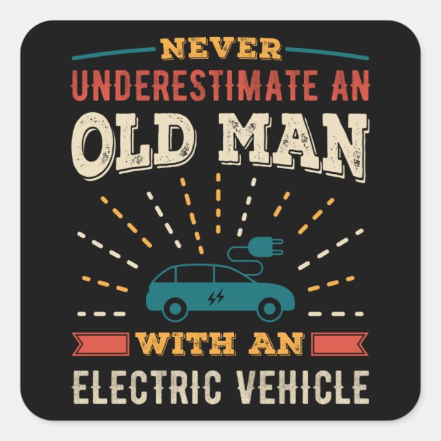 Funny Old Man mit Elektrofahrzeug EV Retro Geschen Quadratischer Aufkleber (Vorderseite)