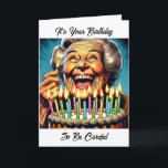 Funny Old Woman Birthday Spaß Karte<br><div class="desc">Eine lustige alte Dame,  die einen Kuchen mit vielen Kerzen hält. Cartoon Geburtstag Spaß für ihn.</div>