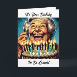 Funny Old Woman Birthday Spaß Karte<br><div class="desc">Eine lustige alte Dame,  die einen Kuchen mit vielen Kerzen hält. Cartoon Geburtstag Spaß für ihn.</div>