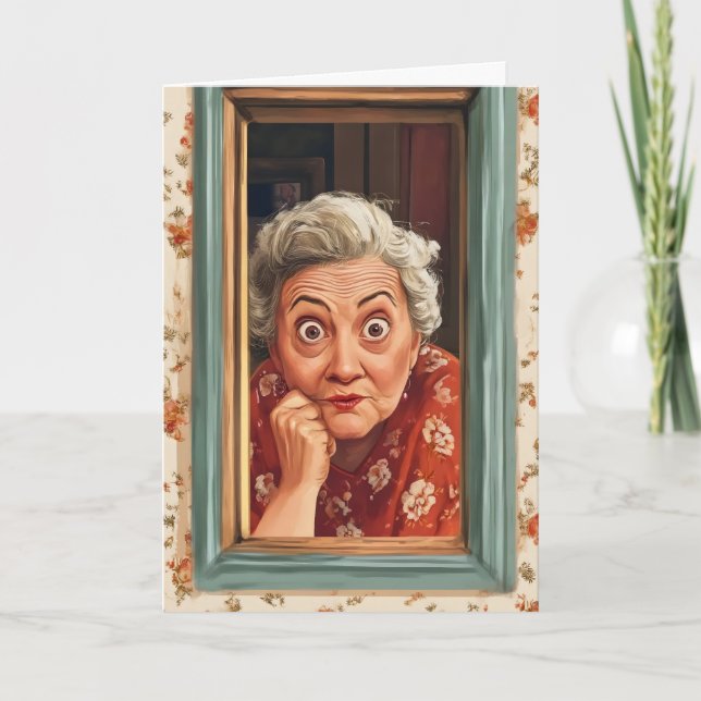 Funny Old Woman Window Feiertagskarte (Vorderseite)