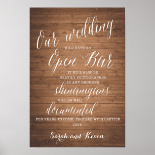 Funny Open Bar Wedding-Zeichen   Personalisierte N Poster