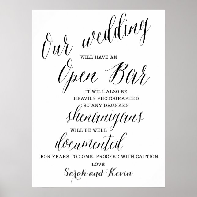 Funny Open Bar Wedding-Zeichen | Personalisierte N Poster (Vorne)