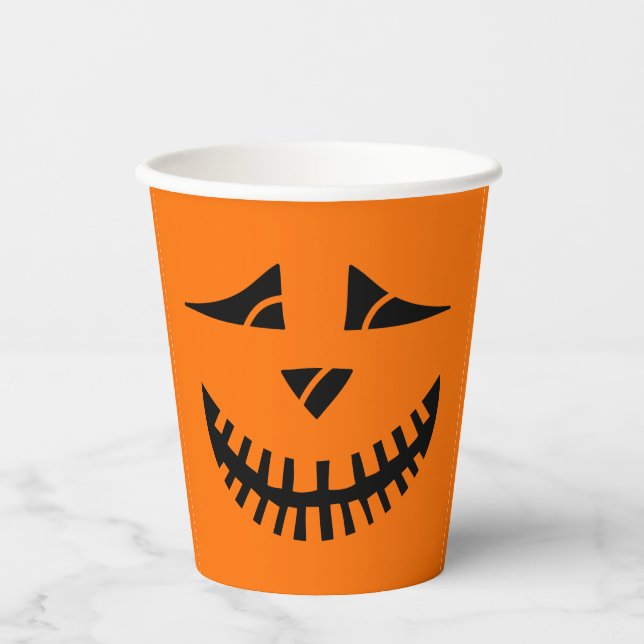 Funny Orange Black Pumpkin Face Halloween Pappbecher (Vorderseite)