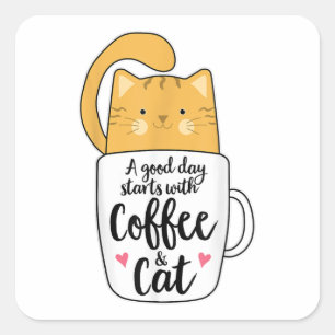 Funny Orange Cat Kaffee Tasse Chat Lover Quadratischer Aufkleber