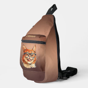 Funny Orange Cat mit Brille glänzend Kupfer Crossbody Bag