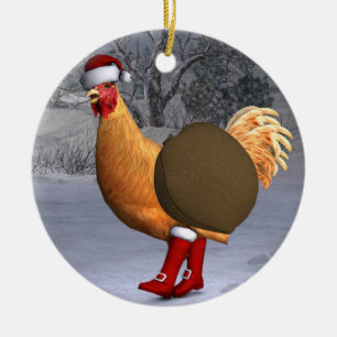 Funny Orange Rooster Santa Claus Keramik Ornament
