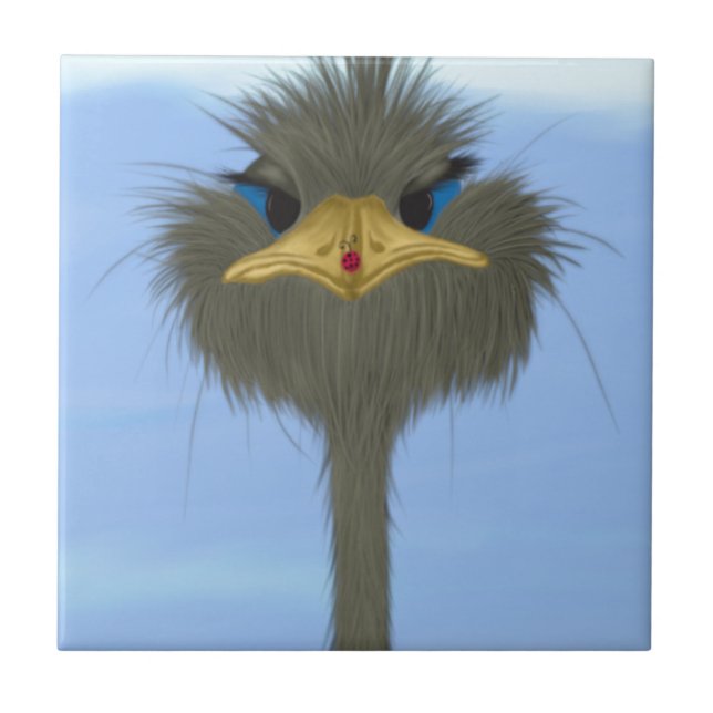 Funny Ostrich George und die Niedliche Ladybug Fliese (Vorderseite)
