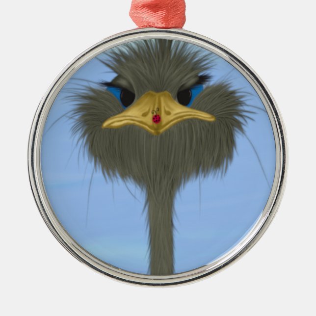 Funny Ostrich George und die Niedliche Ladybug Silbernes Ornament (Vorne)