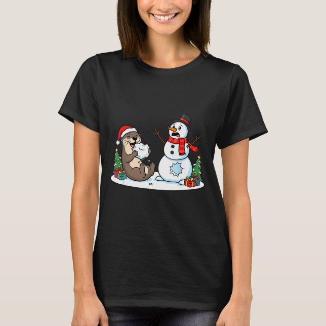 Funny Otter Snowman Christmas Tree Xmas Womens Men T-Shirt (Vorderseite)