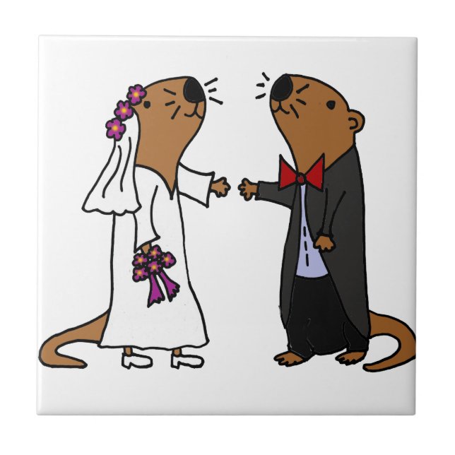 Funny Otter Wedding Cartoon Fliese (Vorderseite)