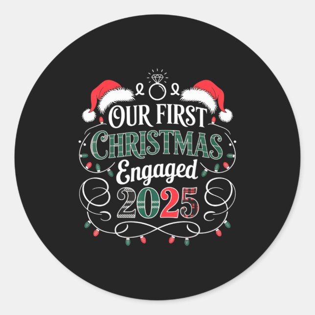 Funny Our First Christmas Engaged 2025 Couples Paj Runder Aufkleber (Vorderseite)