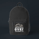 Funny Outdoor Hiking Backpack Gift Bedruckter Rucksack<br><div class="desc">Hey adventurer! You HAVE to see this backpack – it's seriously as awesome as you! This black hiking backpack has a super cool style, and the bright orange side panels? They just make it POP! And OMG, the mountain design on the front pocket that says "Snacks Over Summits"?! How cute...</div>