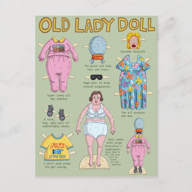 FUNNY Over the Hill Old Lady Paper Doll Postkarte (Vorderseite)