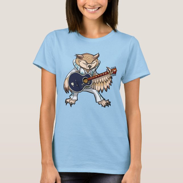 Funny Owl Rock And Roll Singer & Guitarist Cartoon T-Shirt (Vorderseite)