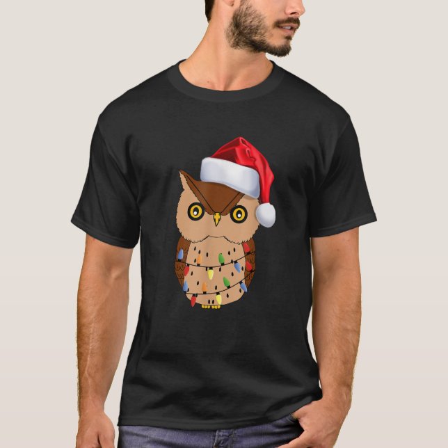 Funny Owl Weihnachtslicht Weihnachtsmannmütze Xmas T-Shirt (Vorderseite)