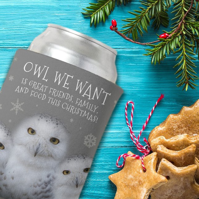 Funny Owl Wir Wollte zu Weihnachten ... Snowy Owls Dosenkühler (Zazzle Funny Owl We Want for Christmas ... Snowy Owls Cover Photo.)