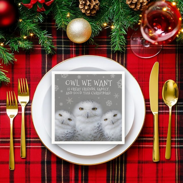 Funny Owl Wir Wollte zu Weihnachten ... Snowy Owls Serviette (Trio of Snowy Owls Napkin Cover Photo)