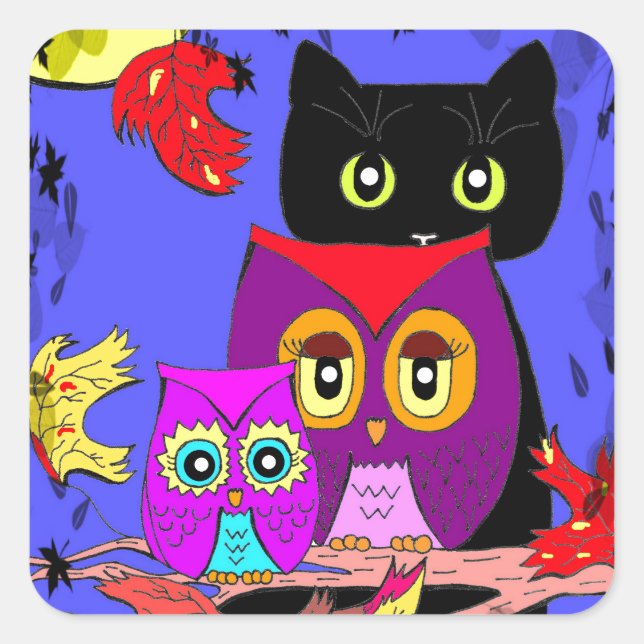 Funny Owls Black Cat Fall Moon Creationarts Quadratischer Aufkleber (Vorderseite)
